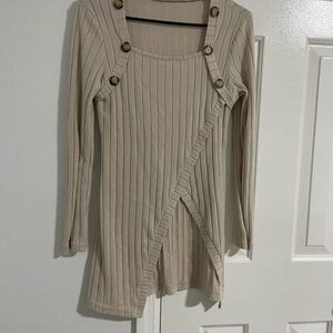 Elegant Beige Long Sleeve Knit Dress with Button Accents